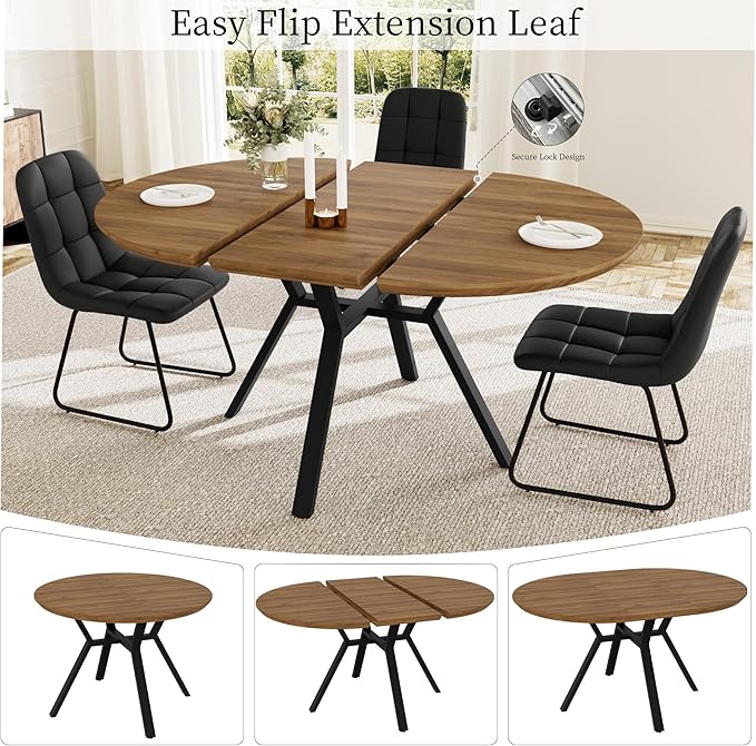 Extendable Round Dining Table Set for 4 People, 43.3"-59.1" Extendable Kitchen Table with 4 Upholstered Chairs, Space Saving for Kitchen Dining Room (Walnut Table+4 U-Shaped Black Chairs)