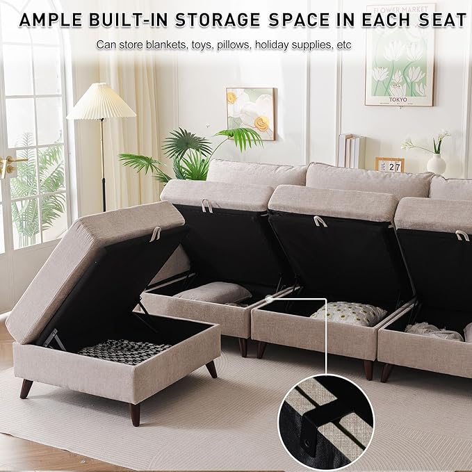 73'' Loveseat Sofa with All Seats Storage, Modular Sectional Couch with Movable Ottoman,Oversized Comfy Couch with 7.8'' Cushion,24.5'' Deep Seat,for Living Room,Bedroom,Velet,Khaki