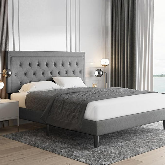 Allewie Queen Size Upholstered Platform Bed Frame with Adjustable Headboard, Button Tufted, Wood Slat Support, Easy Assembly, Light Grey