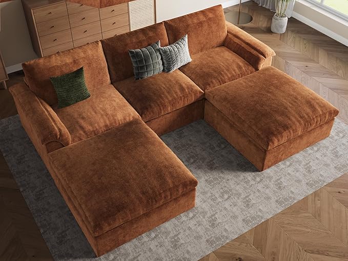 EASE MOOSE Oversized Cloud Couch Sectional Sofa, U-Shaped Modular Couch for Living Room, Minimalist Boneless Convertible Couches with Ottoman, 5-Seat Deep Sofas for Bedroom, Chenille (Brown)