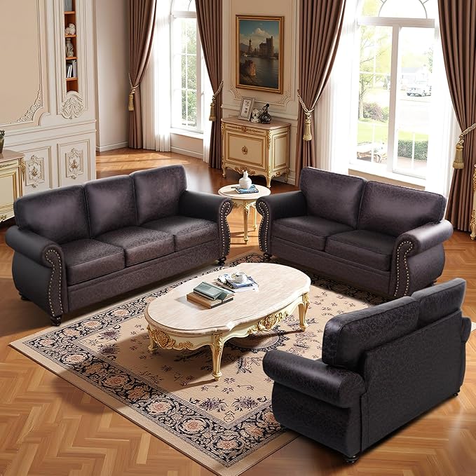 Living Room Furniture Sets,Sofa Sets and Couch Sets for Living Room,Mid-Century Vintage Sofa Couches with Rivet Design (Brown, 2 Loveseat+3 Seater)