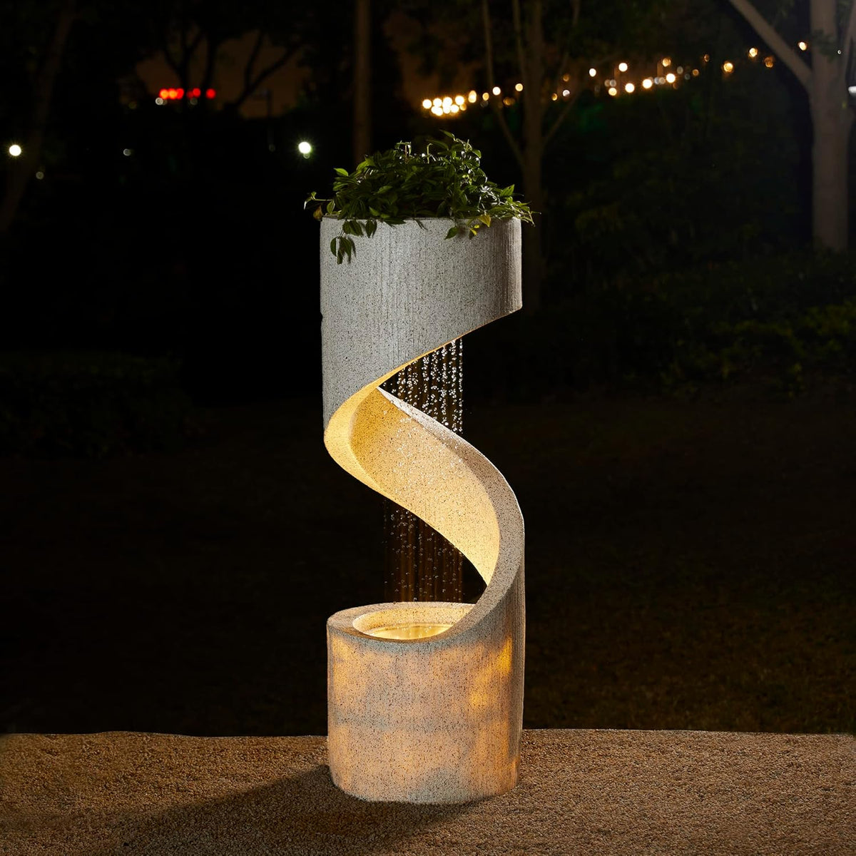 Glitzhome Decorative Tiered Outdoor Water Fountain with LED Light Vintage Curved Waterfall Fountain with Stone Planter Rustic Faux Terrazzo Spiral Shaped Fountains for Garden Patio Deck Porch, 40.25”H