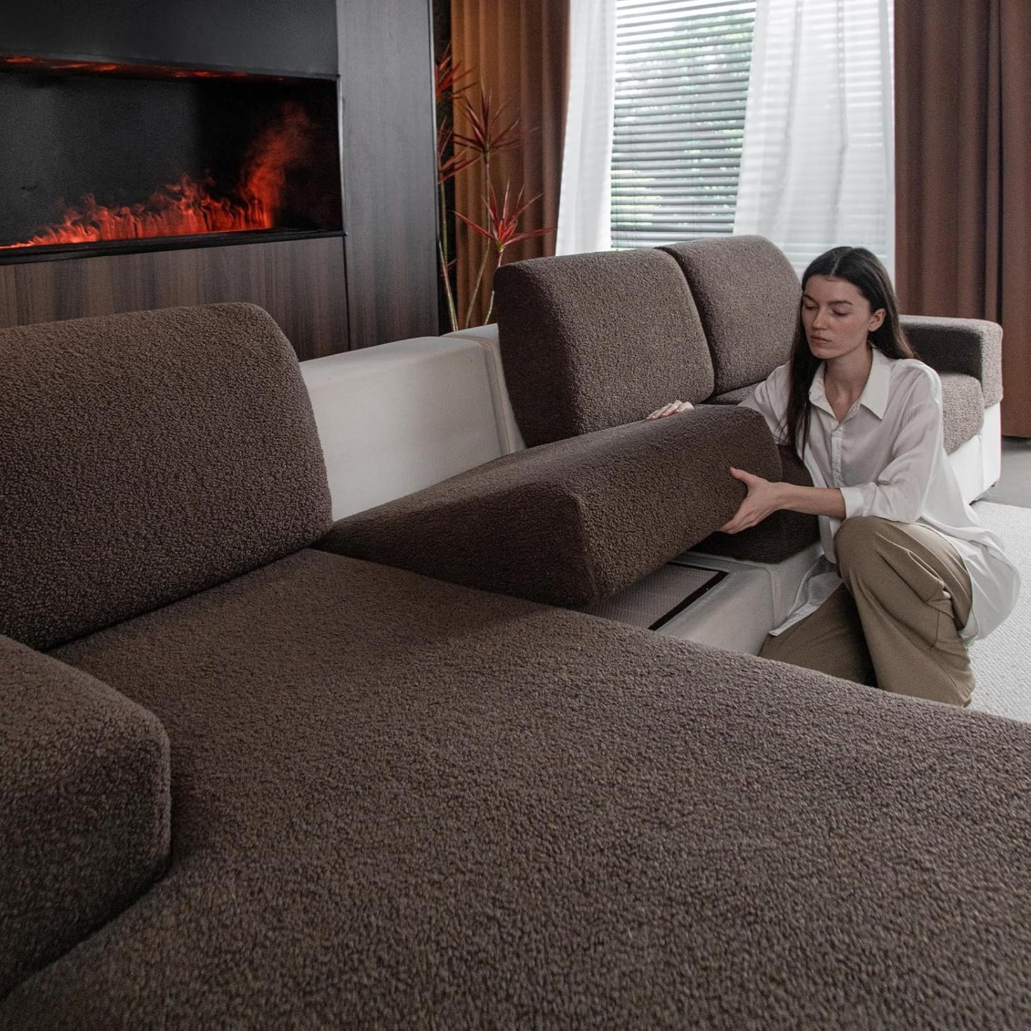 Couch Cushion Covers for Sectional Sofa, Stretch Soft Sofa Slipcovers Washable Wear-Resistant Universal Furniture Protector for Living Room(1 Piece Chaise Cover, Brown)