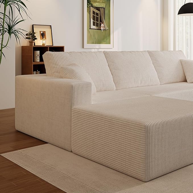 110" Boneless Cloud Sectional Couch for Living Room, Compressed Modular L-Shaped Sofa with Deep Seat, Frameless Corduroy Couch in Boxes, No Assembly Required 3-Seater (Right-Facing Chaise, Beige)