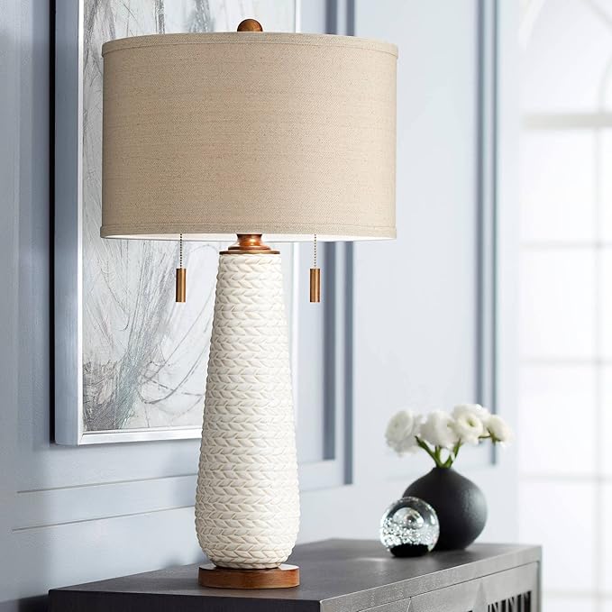 Possini Euro Design Kingston Mid Century Modern Table Lamps 32 3/4" Tall Set of 2 White Textured Ceramic Taupe Drum Shade Decor for Bedroom Living Family Room Bedside Nightstand House Home Office