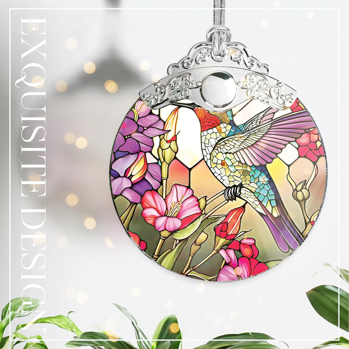 2025 Christmas Ornament, Stained Glass Effections, Christmas Tree 4 Inch Acrylic Ornament Art, White Elephant Gifts Car Interiors Decors, Christmas Decor (Radiant Hummingbird)