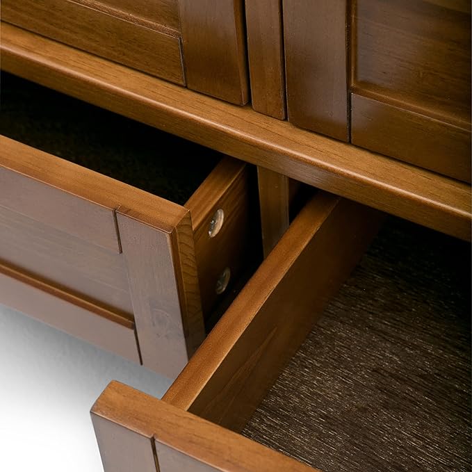 SIMPLIHOME Warm Shaker Console Table - 48 Inch Wide Solid Wood Sofa Table in Light Golden Brown, Transitional Storage for Living Room with 4 Drawers, Open Shelf, and Brushed Nickel Knobs