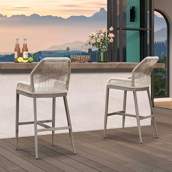 PURPLE LEAF 2 Pieces Bar Stools Patio Modern Rattan Barstools Aluminum Woven Tall Bar Chairs with Cushions for Outdoor Kitchen Island Garden