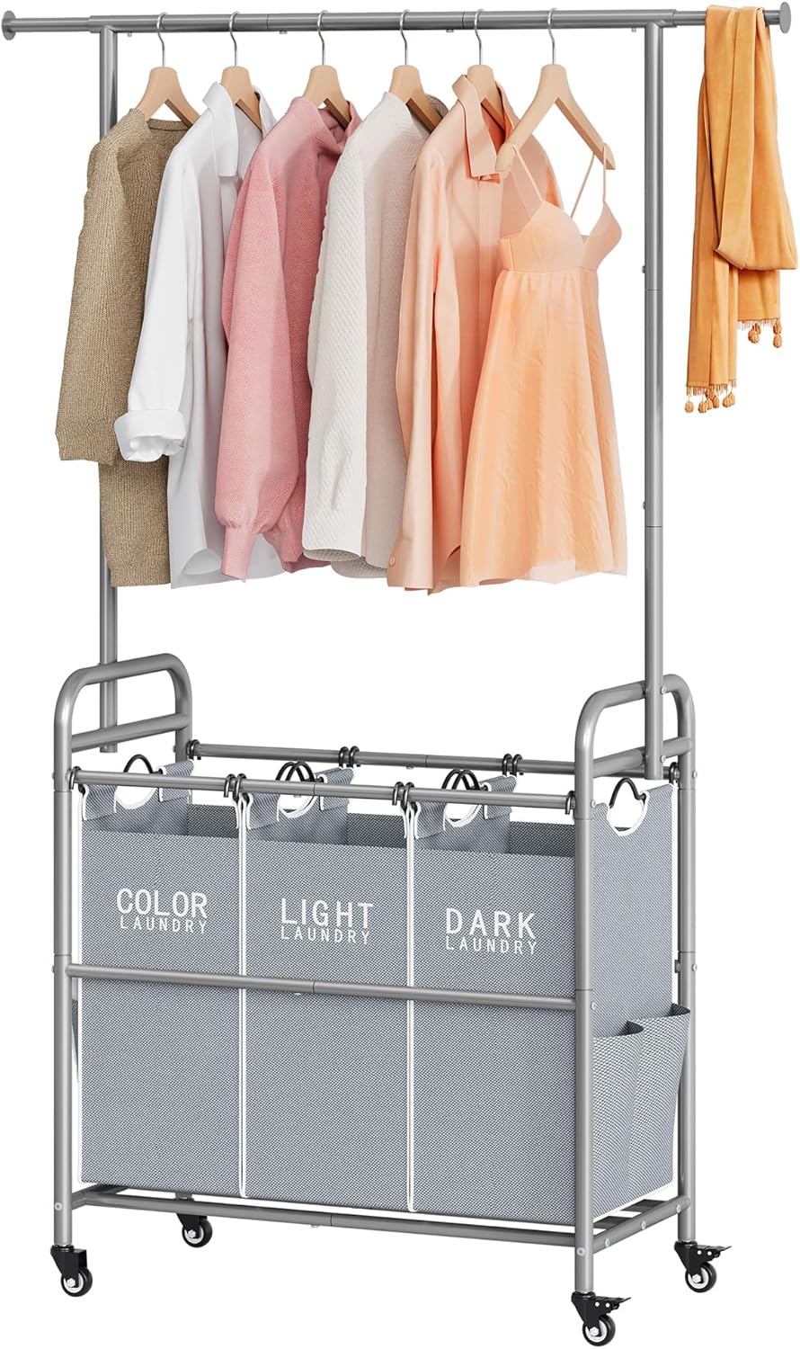 Tajsoon Laundry Sorter with Hanging Bar, 3 Section Rolling Laundry Hamper with Heavy Duty Lockable Wheels, Laundry Basket with Hanging Rack for Bedroom, 3 Gray