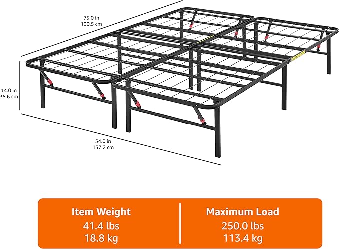 Amazon Basics Bed Frame with Storage, Foldable Metal Platform, Sturdy Steel, No Box Spring Needed, 14 inches High, Tool-Free Setup, Full Size, Black