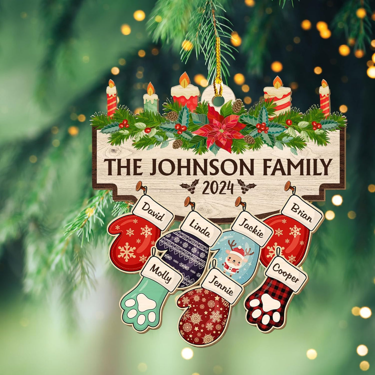 Family with Pet Ver 2 - Personalized Custom Wood Ornament, Family Gloves Christmas Ornament 2024, Xmas Ornament Gifts for Family Tree Decoration (A06, 2 Names)
