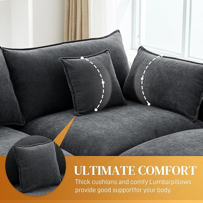 HYJT-H&K 145" U Shaped Cloud Couch Modular Black Sectional Couches for Living Room, Comfy Fluffy Chenille Oversized Cloud Sectional Couch Large 6 Seat Sectionals Sofa Set Central Console USB Port