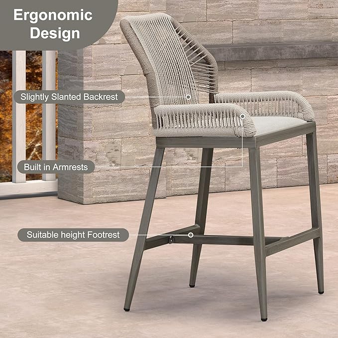 PURPLE LEAF 2 Pieces Counter Height Bar Stools Patio Boho Rattan Barstools Aluminum Woven Bar Chairs with Cushions for Outdoor Kitchen Island Garden