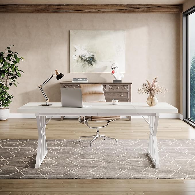 Tribesigns 70.86-Inch Large Executive Desk, Industrial Home Office Computer Desk, Simple Long Writing Study Table Business Furniture (White)