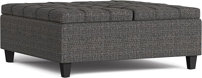 SIMPLIHOME Harrison 40 inch Wide Transitional Square Large Coffee Table Storage Ottoman in Ebony Polyester Tweed, Assembled, for The Living Room and Bedroom