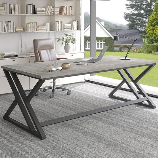 LVB Modern Long Office Desk, Large Wood Metal Computer Desk, Industrial Double Workstation Desk for Two People, Rustic PC Executive Work Study Writing Computer Table for Home, Light Grey Oak, 78.7 in