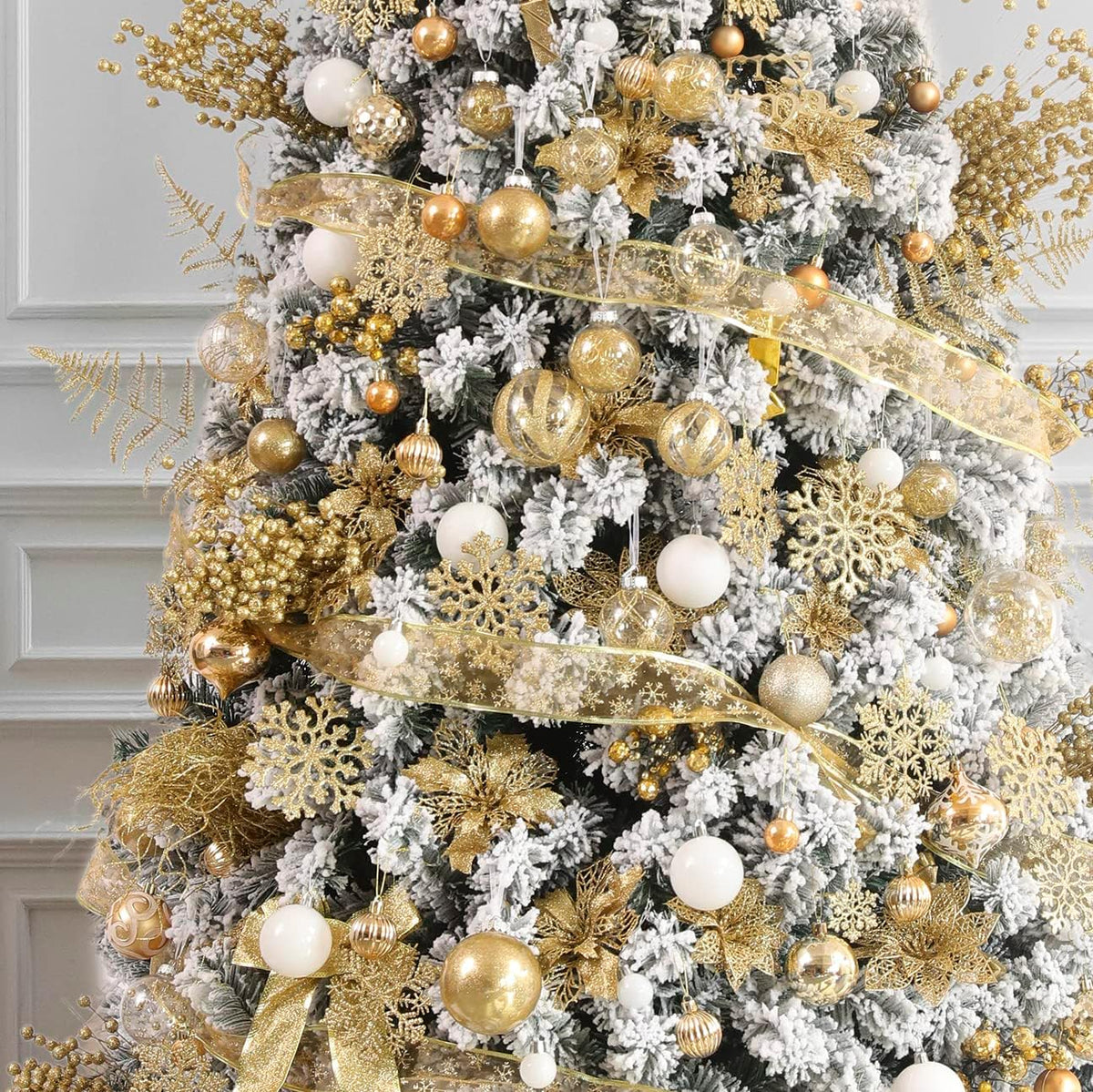 Clear Christmas Ball Ornaments,24ct Shatterproof Plastic Decorative Christmas Ornaments Hanging Xmas Tree Baubles Set with Stuffed Delicate Glittering Decorations for Holiday Party Home Decor (Gold)