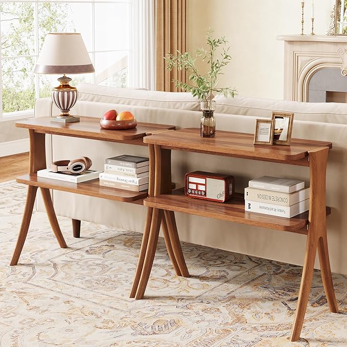 Tribesigns Walnut Side Table Set of 2, Narrow End Table with 2-Tier Storage Shelf and Solid Wood Legs, Slim Modern Bedside Table Nightstand for Living Room, Bedroom, Small Spaces (2)