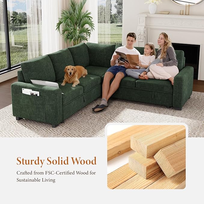 Vesgantti 88.4" Sectional Sleeper Sofa with Pull Out Bed, 5 Seater L Shaped Modular Sectional Couch with Storage, Comfy Chenille Modular Couch for Living Room, Bedroom, Apartment, Green