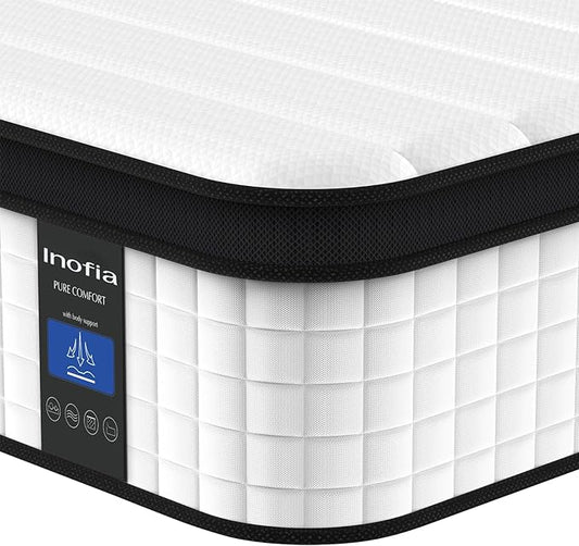 Inofia Queen Mattress, 12 Inch Hybrid Innerspring Double Mattress Cool Bed with Breathable Soft Knitted Fabric Cover, 101 Nights Trial
