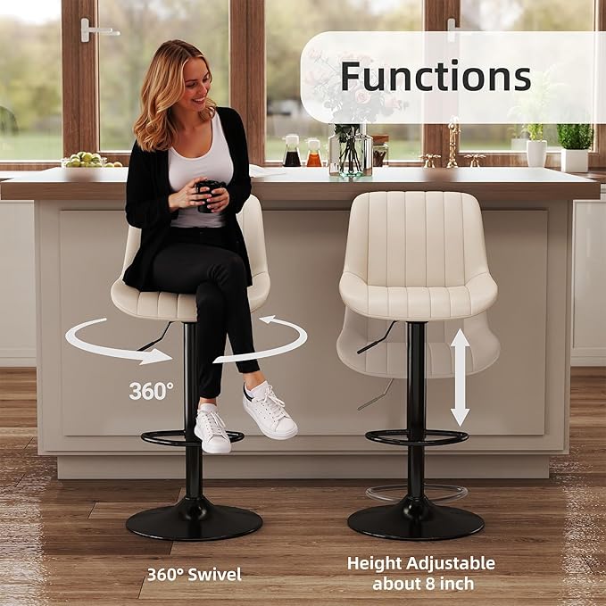 Youhauchair Bar Stools Set of 2, Swivel Counter Height Barstools with Back, Adjustable PU Leather Bar Chairs, Modern Armless Kitchen Island Stool, Beige
