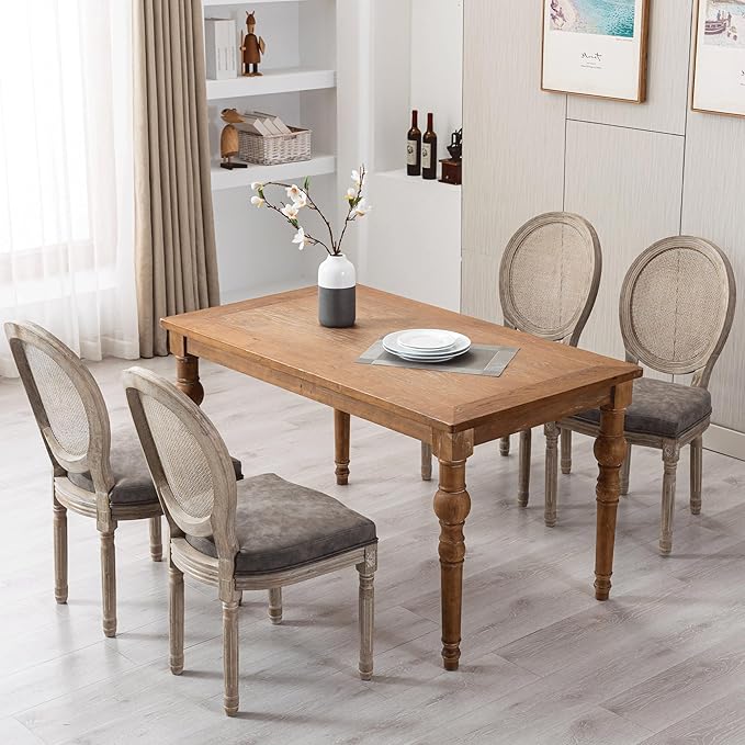 Farmhouse Leather Dining Room Chairs Set of 6 French Dining Chairs with Round Rattan Back French Bistro Chairs for Dining Room/Living Room/Kitchen/Restaurant, Grey