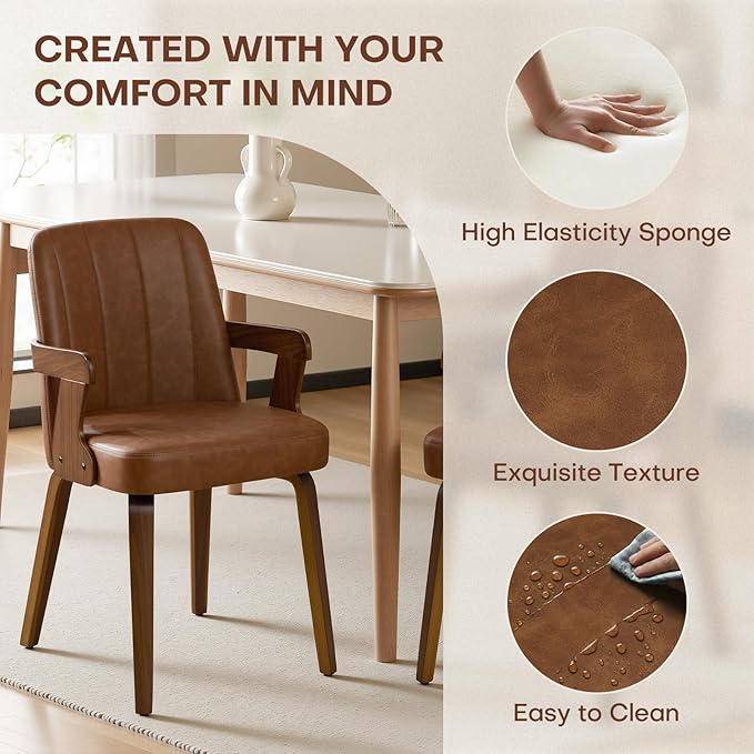 Kitchen Dining Chairs Set of 2, Faux Leather Upholstered Dining Room Chairs with Wood Arms and Legs, Mid Century Modern Kitchen Side Chair for Living, Bedroom, Restaurant, Walnut/Brown