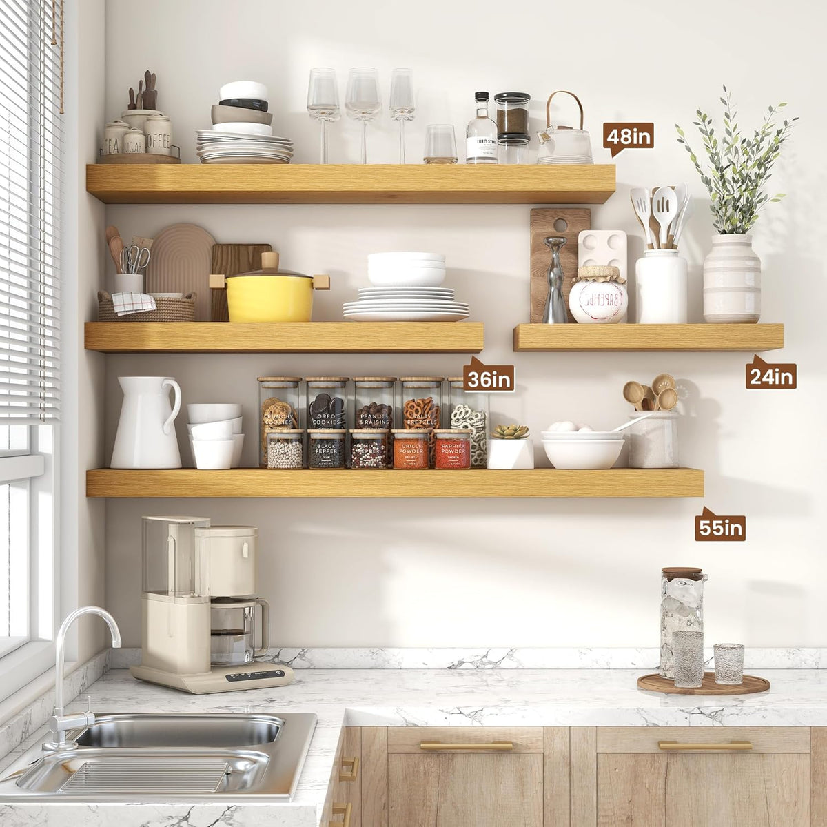 Heimlove 24 inch Floating Shelves for Wall,9.3 inch deep Bathroom Over Toilet Shelf,Wall Mounted Rustic Wood Shelves for,Bedroom,Living Room,Kitchen,Office Decor Set of 2-Oak Color