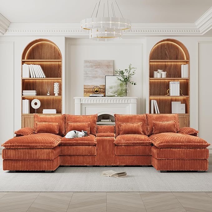 HYJT-H&K 124" U Shaped Cloud Couch Sectional, Comfy Fluffy Plush Corduroy Orange Sectional Couches for Living Room, Modern Modular Corduroy Couch Sectionals with Central Console & Double Chaise