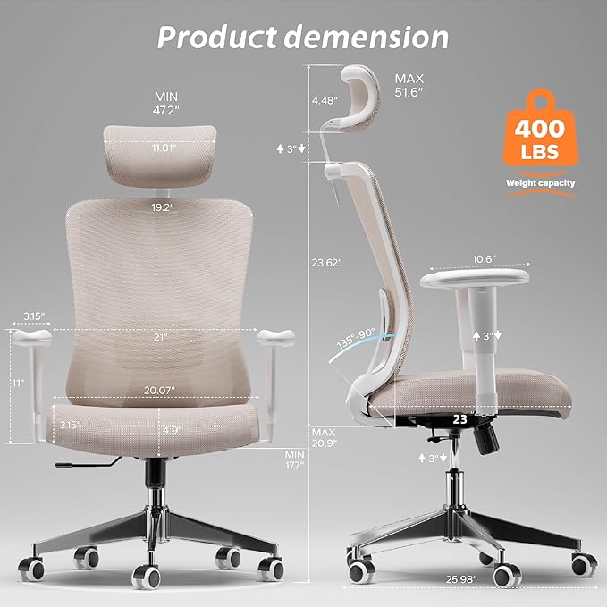Ergonomic Office Chair, Mesh Desk Chair with Adjustable Headrest and 2D Armrest，Computer Chairs with Lumbar Support, Big and Tall Office Chair 400lbs, Large (01khaki)