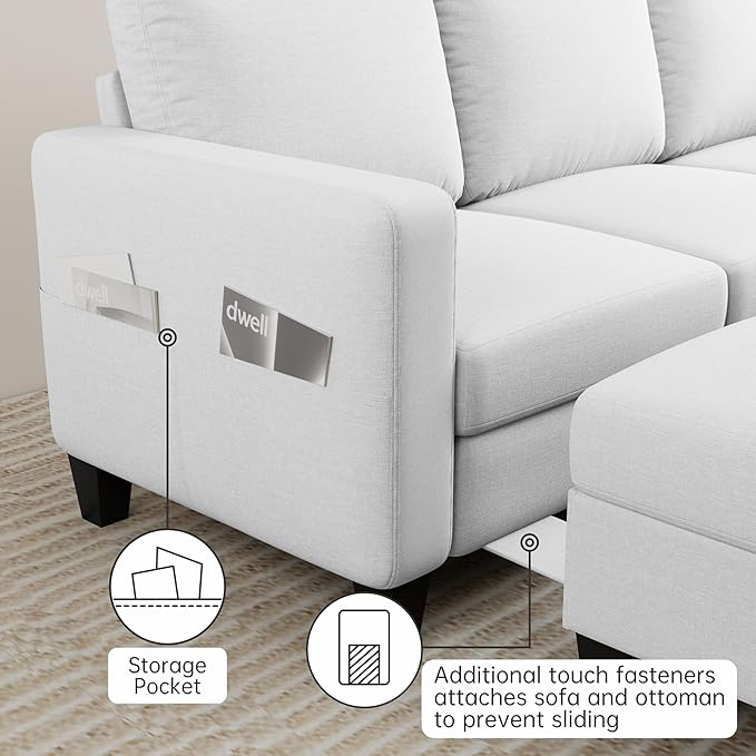 Sectional Sofa and Couches for Living Room, 78'' White 3 Seat L-Shaped Couch with Movable Ottoman, Comfy Velvet Convertible Sectionals Sofas with Chaise for Apartment, Office, Small Space