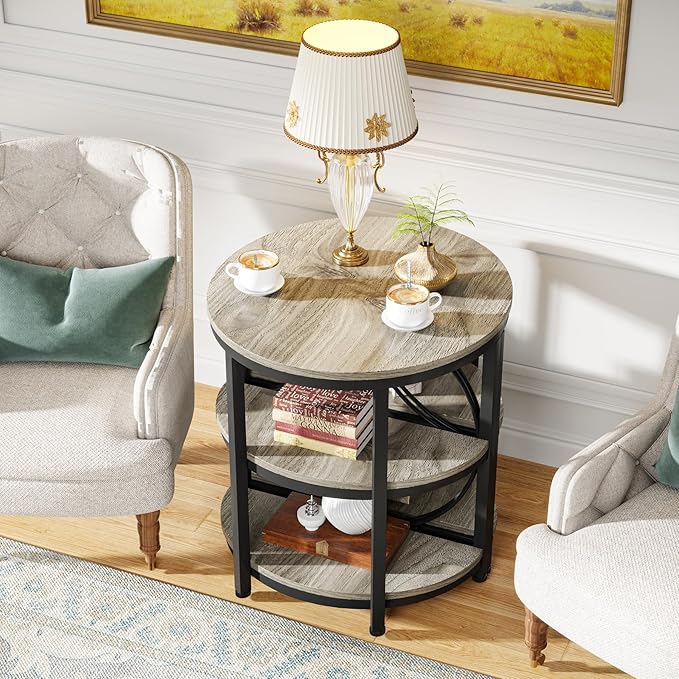 Tribesigns Half Round End Table for Living Room Set of 2, 3-Tier Half Side Table with Metal Frame, Industrial Half Moon Table with Storage Shelves for Entryway, Bedroom, Grey