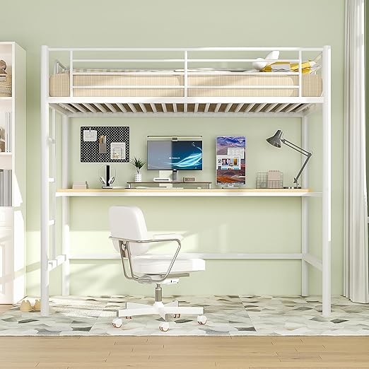 VECELO Metal Loft Bed Twin Size with Desk, Heavy Duty Bedframe with Removable Ladder and Safety Guardrail, Space-Saving, Noise Free, No Box Spring Needed, Off White
