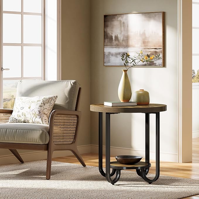 Tribesigns Round End Table with 2-Tier Storage Shelf, Industrial Side Table with Curved Metal Legs, Wood-Grain Accent Coffee Side Stand, Small Nightstand for Living Room, Bedroom, Office, 2PCS