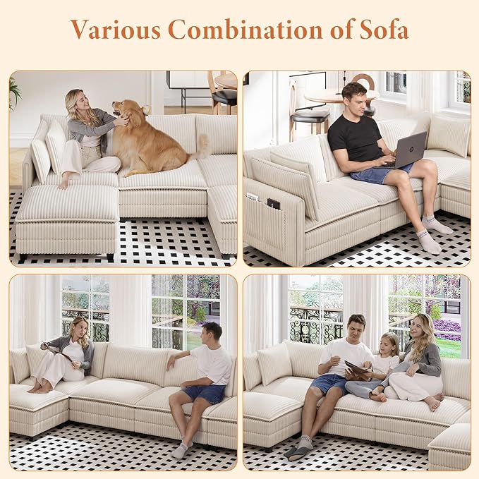 Vesgantti 109" L Shaped Cloud Sectional Couch, Comfy Corduroy Upholstered Modular Couches for Living Room, Modern 3 Seater Sectional Sofa with Ottoman Deep Seat, Beige
