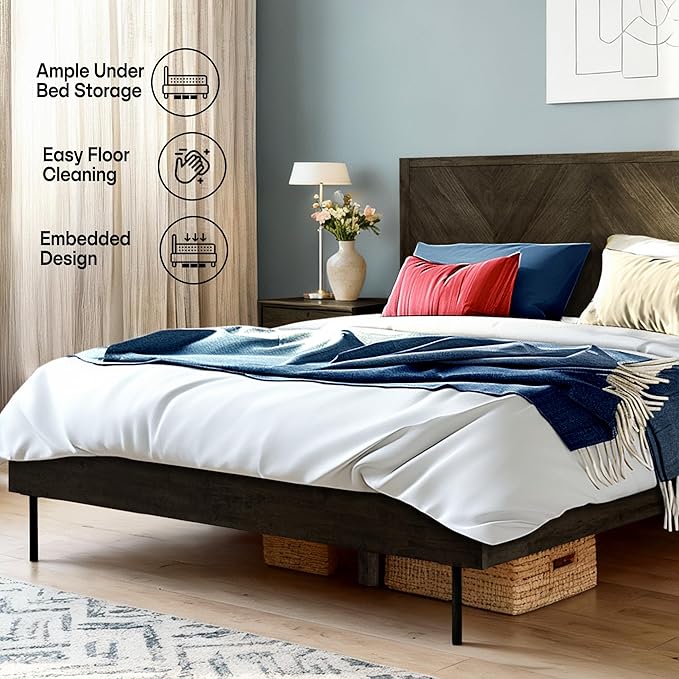 Acacia Alander King Bed Frame and Headboard Solid Wood Platform Bed, Scandinavian Signature Wood Bed Compatible with All Mattress Types, Non-Slip and Noise-Free Bed Frame King, Mocha