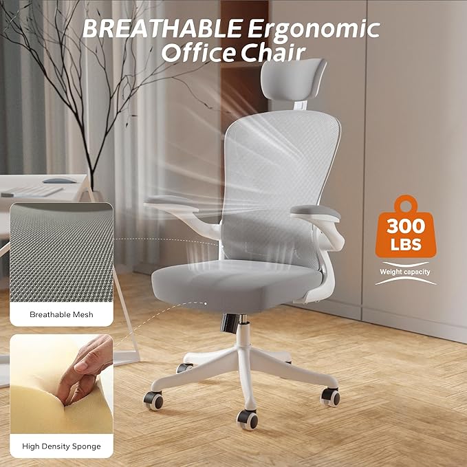 Ergonomic Office Chair with Adjustable Lumbar Support & Flip-Up Armrests - High Back Computer Desk Chair with Thickened Seat Cushion, Rolling Wheels for Home/Office Study Work