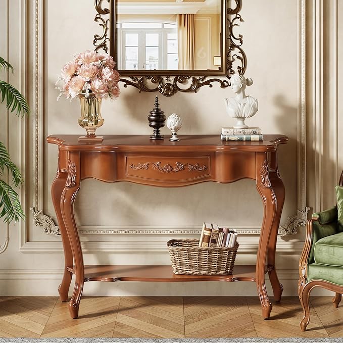 Tribesigns 47.2-Inch Console Table with Solid Wood Veneer, Mid-Century Modern Entryway Table with Shelves, Victorian Furniture for Living Room, Hallway, Entrance, Foyer (Walnut)