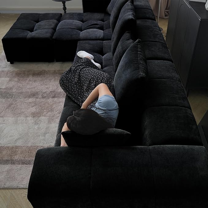 WJShome 158" Oversized Modular Sectional Sofa, L Shaped Couch with Ottoman,Sectional Couches for Living Room,Large Linen Deep Seat with Pillow Couches for Home,Spacious Space,Black