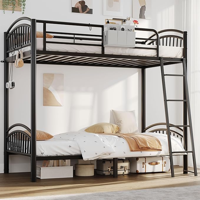 Twin Bunk Beds for Teen & Adults, Heavy Duty Metal Bunk Bed Twin Over Twin with Bedside Caddy, Convertible Ladder & Flat Rungs, Space Saving Bunkbed Frame for Bedroom Dorm, No Box Spring Needed