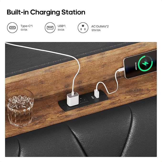 LED Full Bed Frame with Type-C & USB Charging Station, Full Size Bed Frame with Storage Headboard, Modern Pu Leather Platform Bed with Shelf Headboard, Easy Assembly, Noise-Free, Black