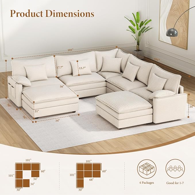Vesgantti 108" V-Shaped Corner Couch Sectional, 7 Seat Customizable Modular Cloud Couches with Movable Ottoman, Corduroy Deep Seat Sofa Set with Chaise for Living Room, Bedroom and Apartment, Beige