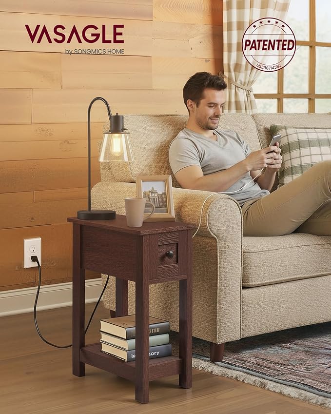 VASAGLE Narrow Side Table with Charging Station, Farmhouse End Table with Storage Drawer, Nightstand, Superfast Toolless Assembly, for Living Room, Bedroom, Saddle Brown ULET328K01