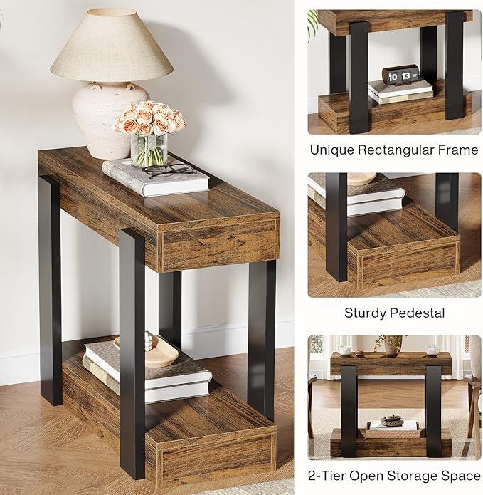 Tribesigns Narrow End Table, 2-Tier Farmhouse Side Table with Storage Shelf for Living Room, Rectangular Night Stand and Bedside Tables for Bedroom, Brown
