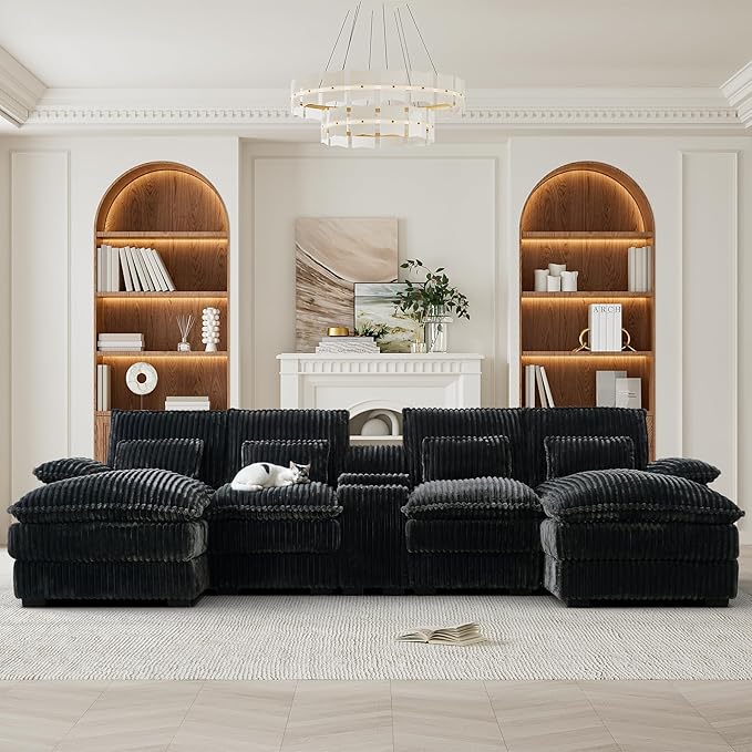 HYJT-H&K 124" U Shaped Cloud Couch Sectional, Comfy Plush Fluffy Corduroy Dark Grey Sectional Couches for Living Room, Modern Modular Corduroy Couch Sectionals with Central Console & Double Chaise