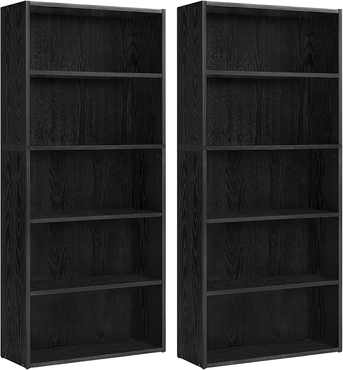 VASAGLE Set of 2 Bookshelves, 23.6 Inches Wide, 5-Tier Open Bookcases with Adjustable Storage Shelves, Floor Standing Units, Ebony Black ULBC165T56-2