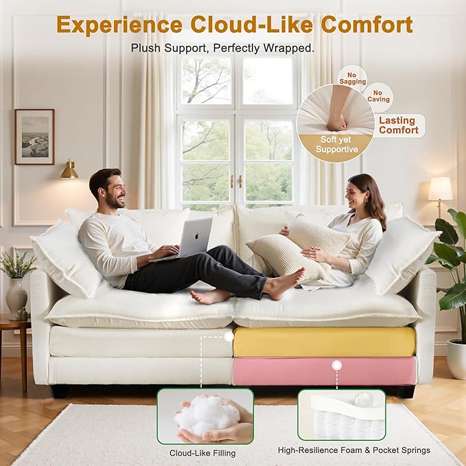 77" Cloud Chenille Sofa Set with Pillows, Deep Seat Loveseat Couch for Apartments, Space Saving 2-Seater with Solid Wood Frame, Easy Assembly (1YR Guarantee)
