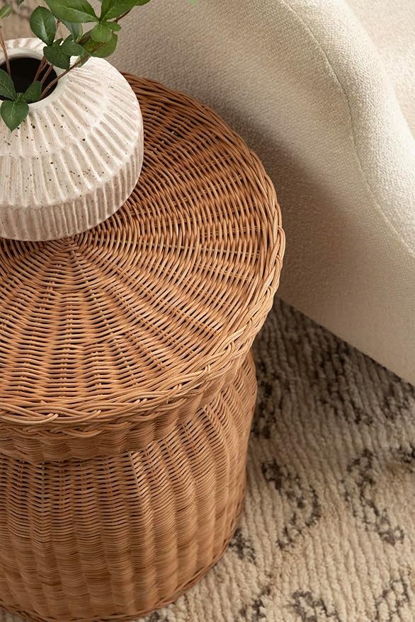 Kate and Laurel Thatch Modern Woven Rattan Round Storage Side Table, 17 x 17 x 21, Natural Rattan, Lift-Top End Table for Use as Hidden Storage Basket, Nursery Toy Storage, or Small Laundry Hamper