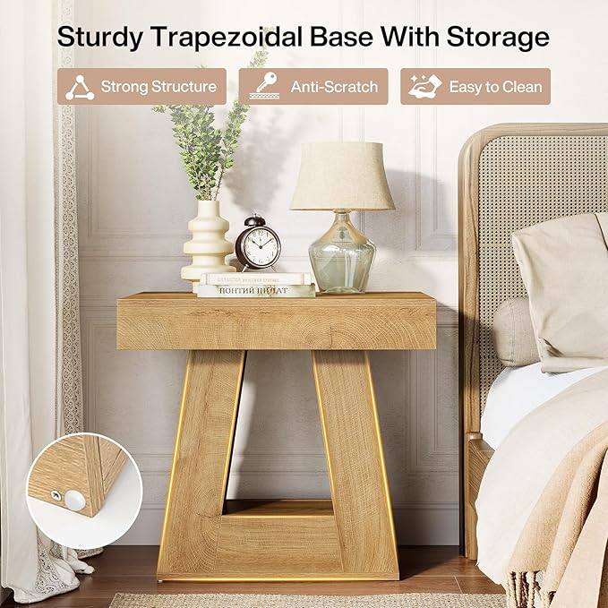 Tribesigns 24" Modern Side Table, 2-Tier Narrow Wooden End Table with Trapezoid Base, Farmhouse Small Nightstand for Living Room, Bedroom (2, Natural Wood Color)
