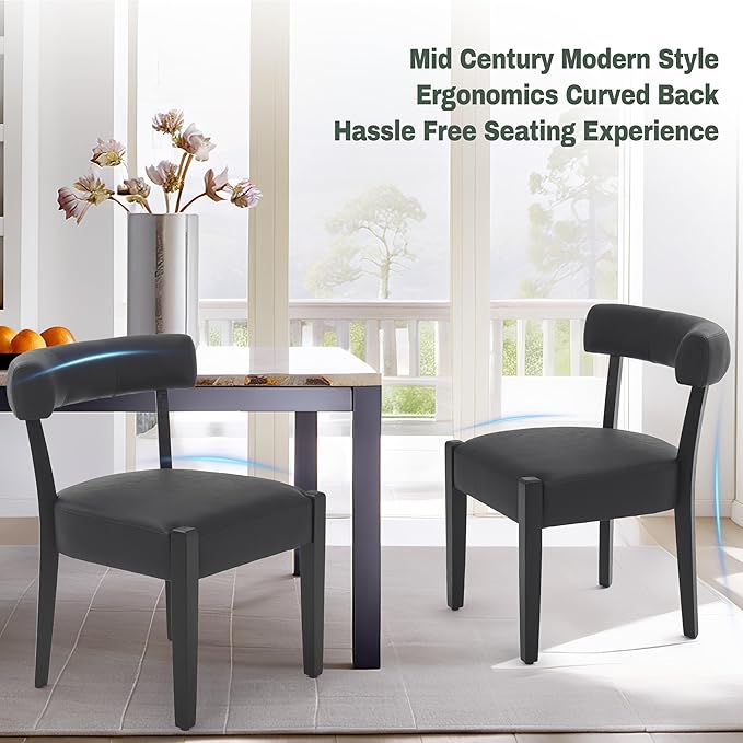 Modern Black Dining Chairs Set of 8, Faux Leather Upholstered Kitchen & Dining Room Chairs, Mid Century Modern Wooden Dining Chairs Oversized Sturdy Rounded Chairs Curved Back